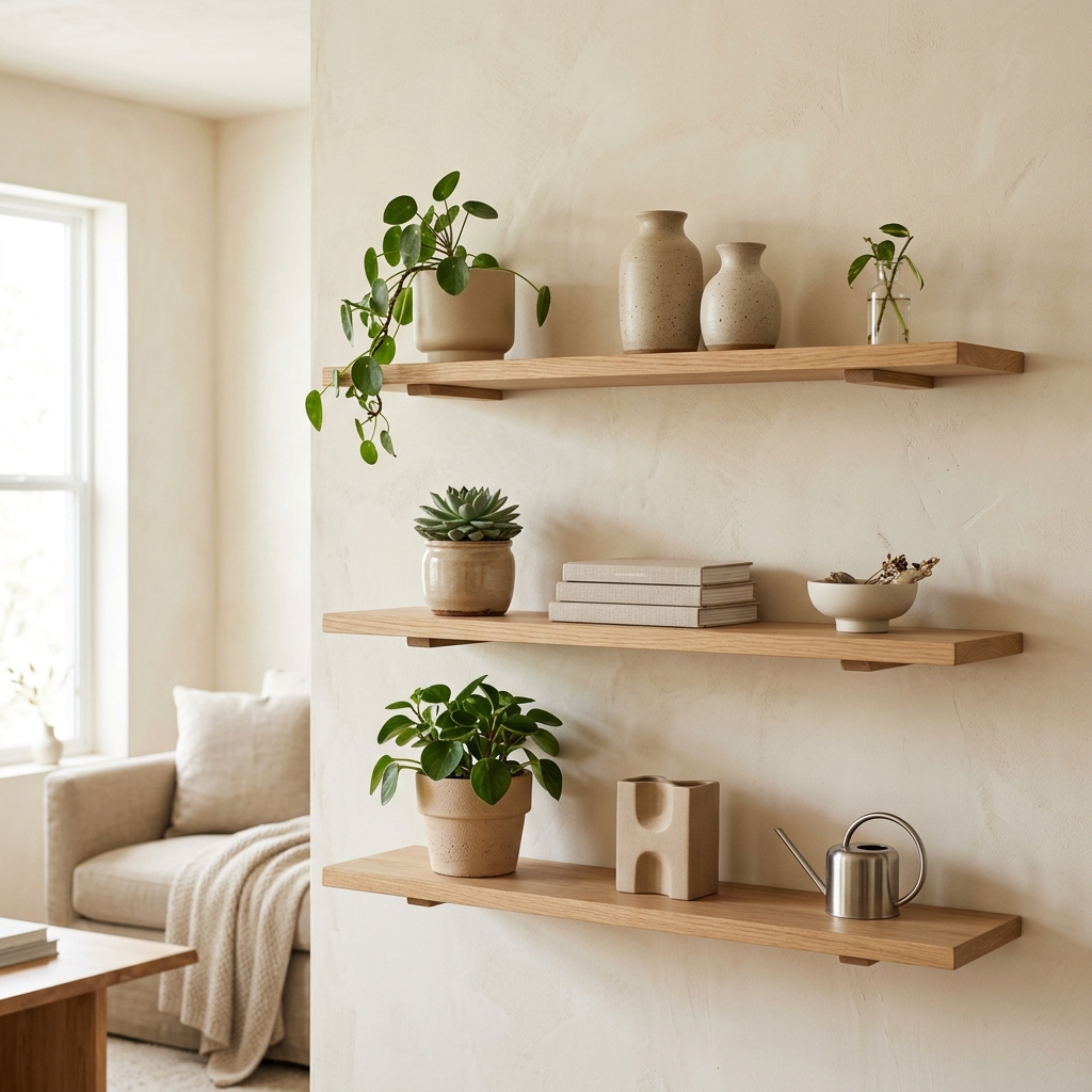 Minimalist Yüzen Ahşap Sergileme Rafları